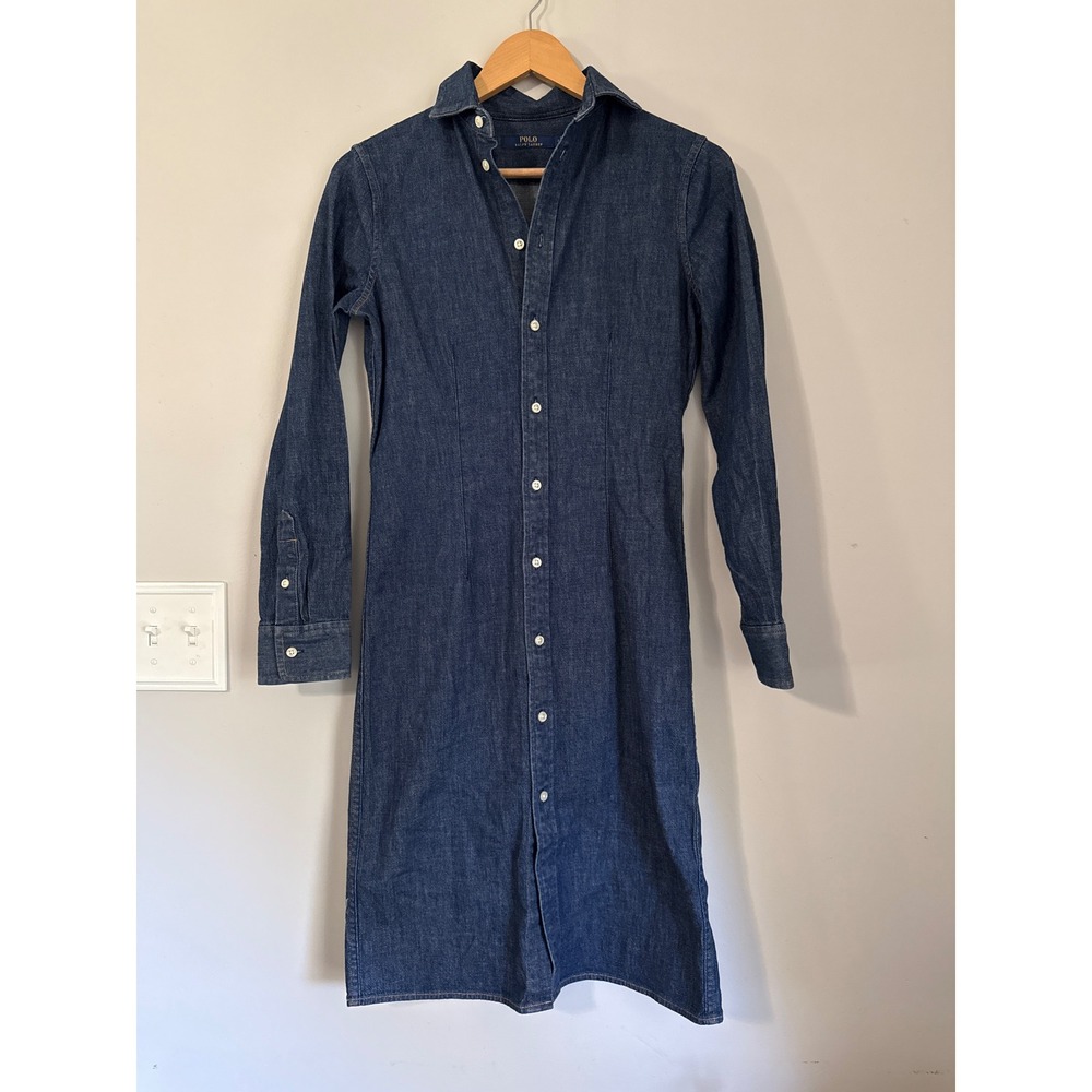 Polo Ralph Lauren Denim Shirt Dress size 2 Blue Midi Long Sleeve Button Up